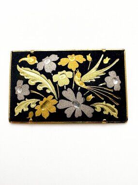 Vintage Damascene Bird Brooch Rare Trombone Clasp Rectangle Pin